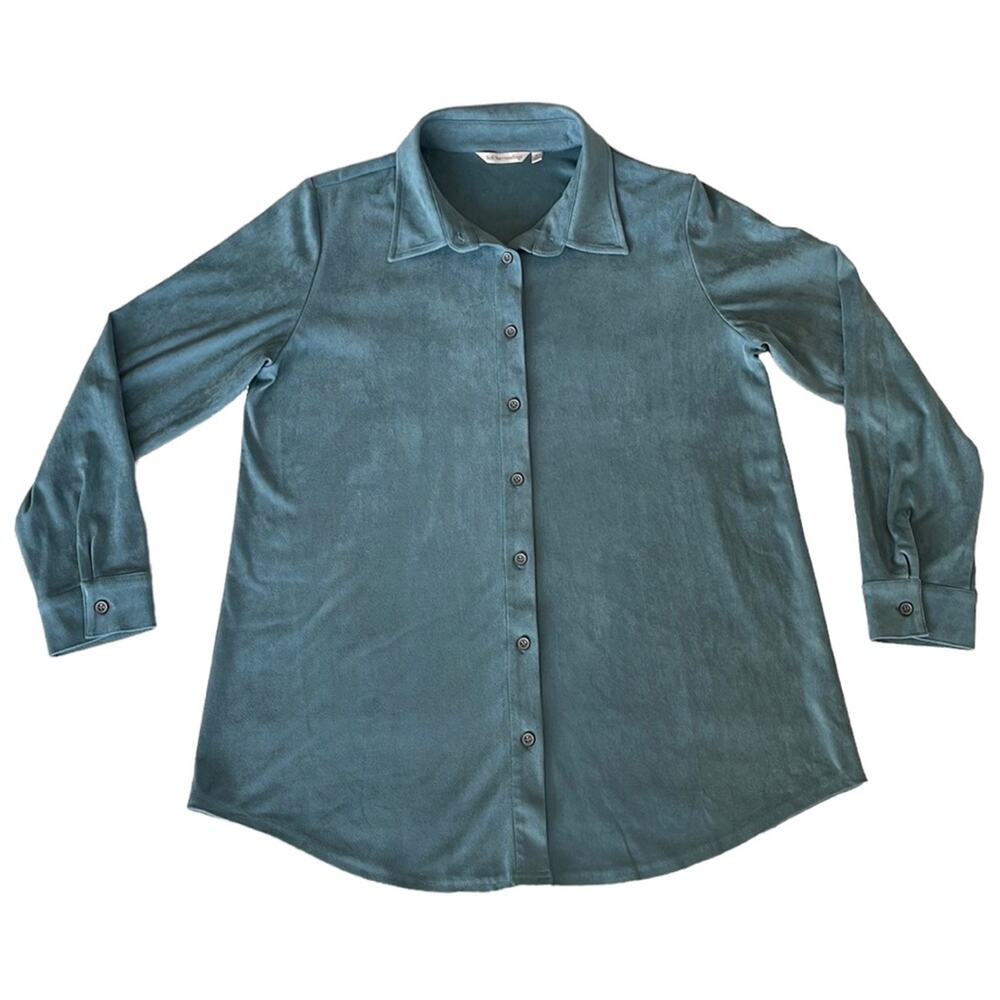 Soft Surroundings Blue Suede Button Down Boyfriend Oversized Tunic Shirt Size L
